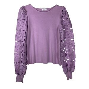Avara Womens Crochet Embroidered Puff Sleeve Sweater Size L Lavender Purple Boho